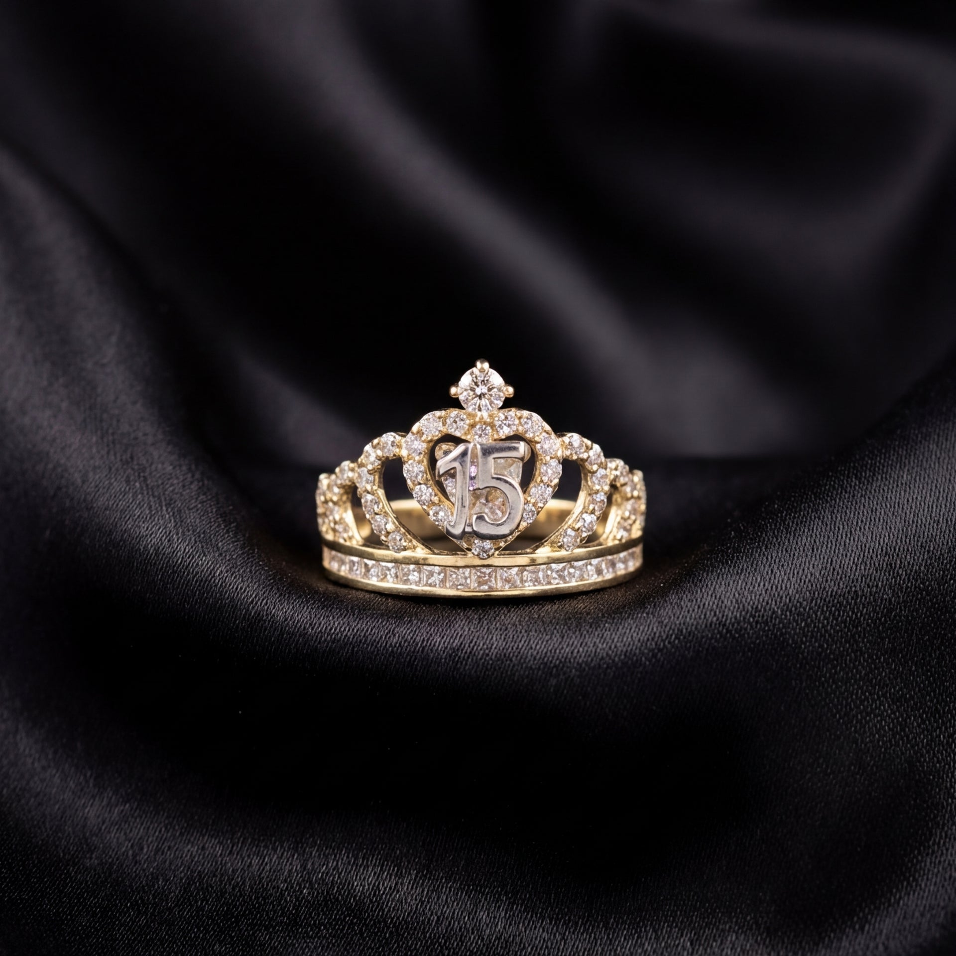 Real 14K Gold Tiara Ring on cream background – sweet 15 crown ring solid gold