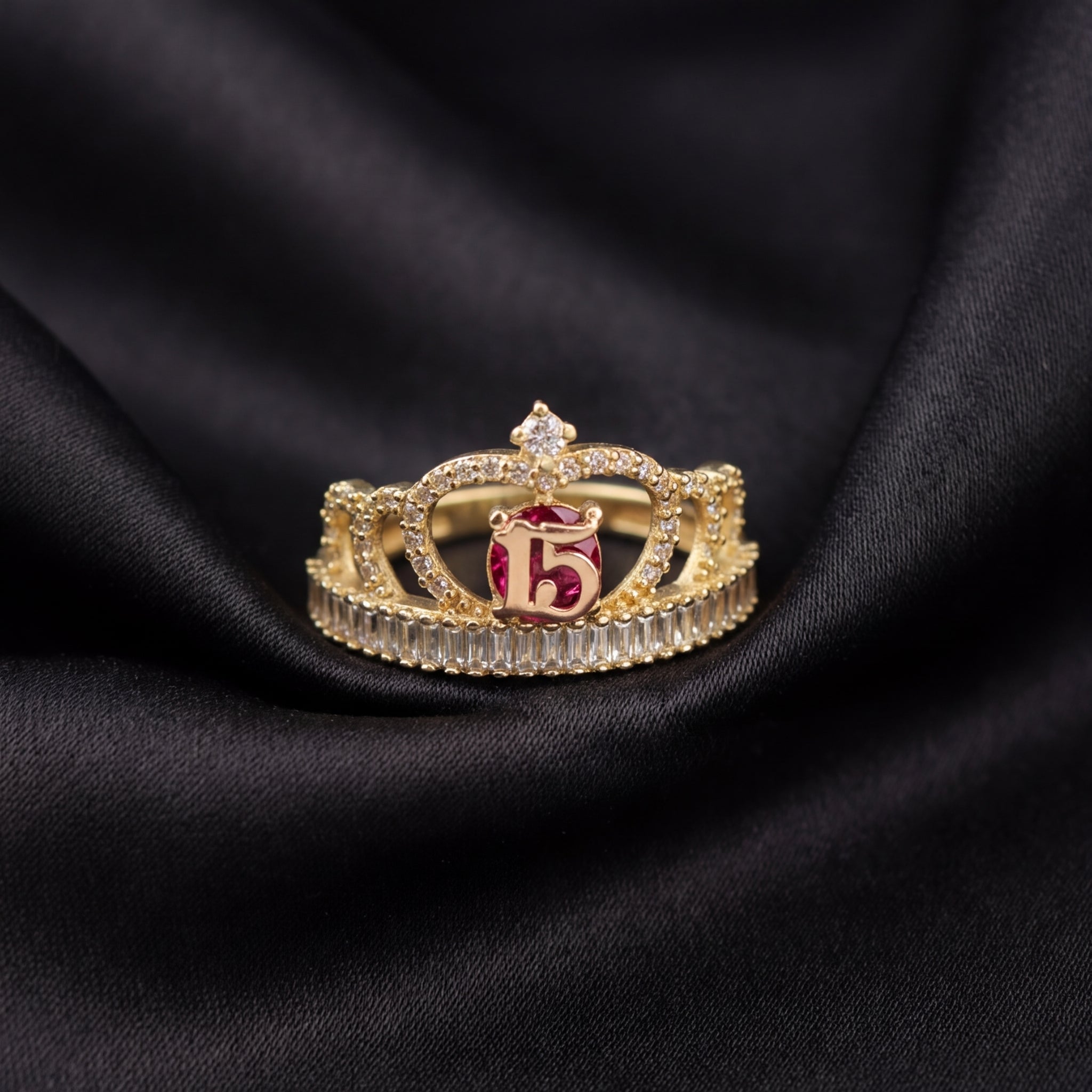 14K gold quinceañera ring with red stone – anillo de 15 años piedra roja oro real
