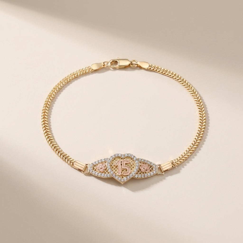 Real 14K Gold Quinceañera Bracelet 6.5 in – pulsera quinceañera oro 14K – Oro Quince