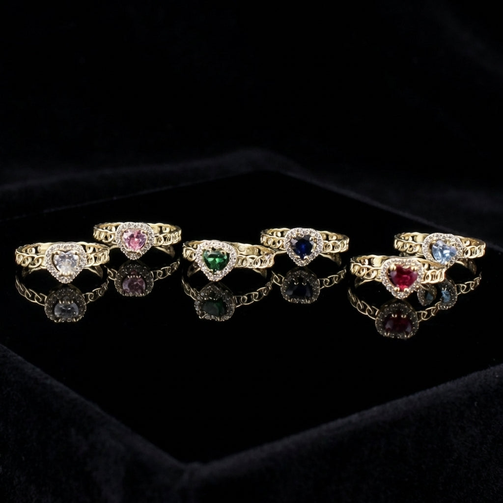 10K quinceañera heart ring with birthstone detail – anillo de corazón oro real 10K