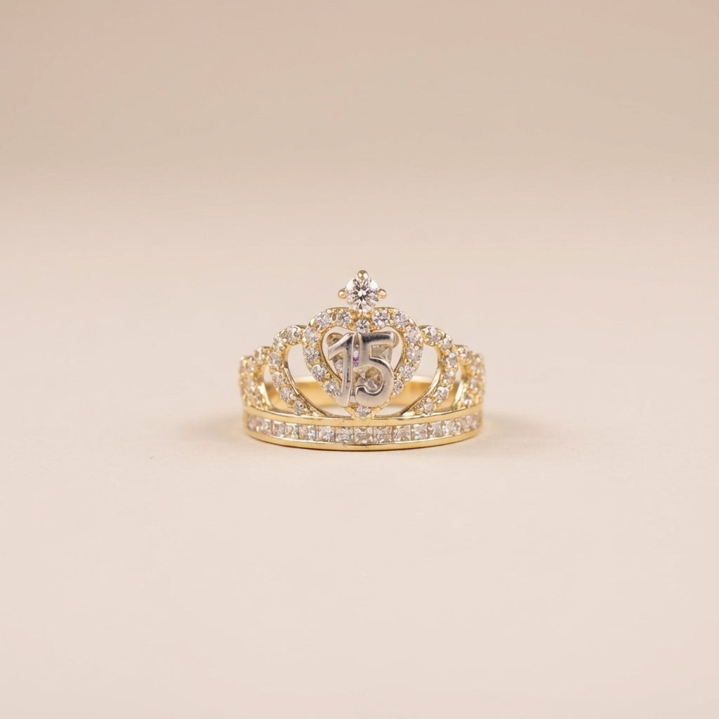 Real 14K Gold Quinceañera Crown Ring – anillo de corona quinceañera oro 14K – Oro Quince