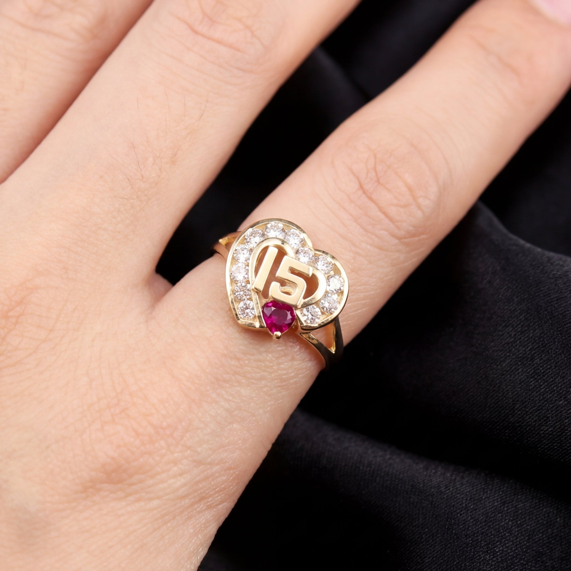 Real 14K Gold Pink Stone Ring worn on finger – sweet 15 ring solid gold not plated