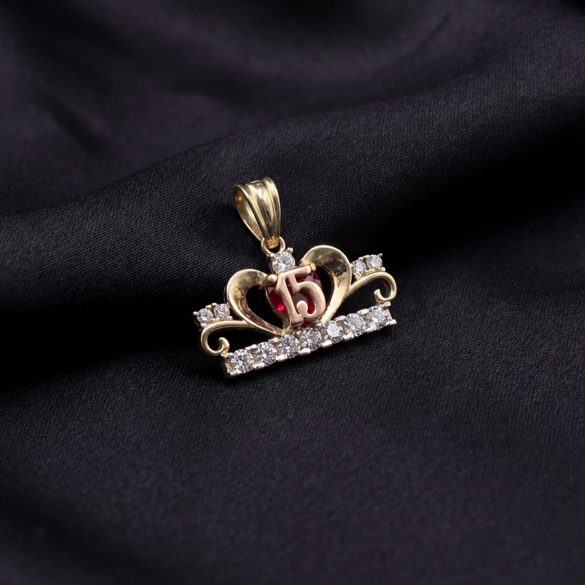 Real 10K Gold Quinceañera Heart Charm with red gem – solid gold sweet 15 pendant