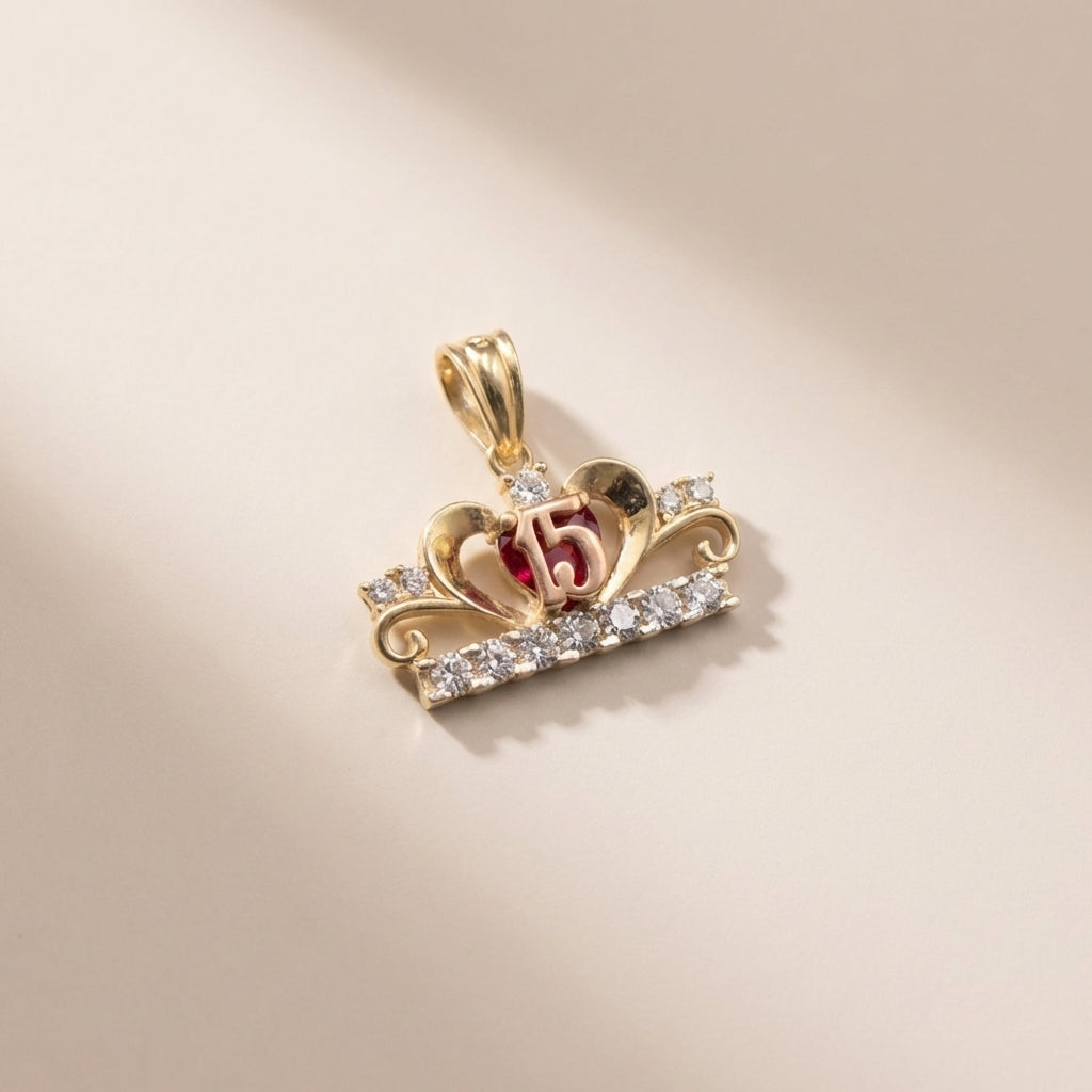 Real 10K Gold Quinceañera Red Stone Charm – dije quinceañera piedra roja oro 10K