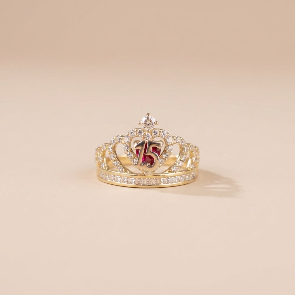 Real 14K Gold Quinceañera Ring Red Stone – anillo de quinceañera corona oro 14K rojo