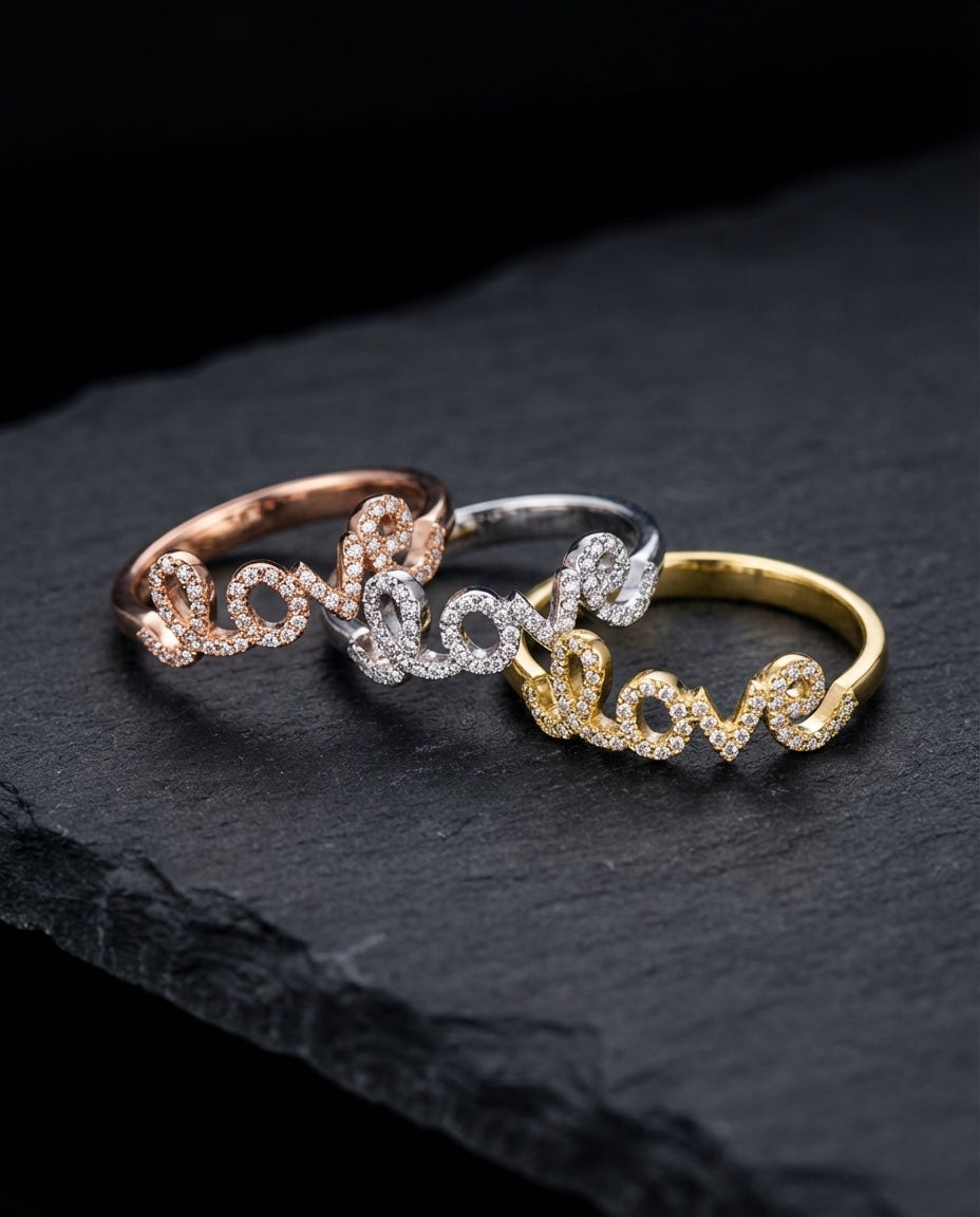 Real 10K Gold Love Ring set in rose gold silver and yellow gold – quinceañera gift