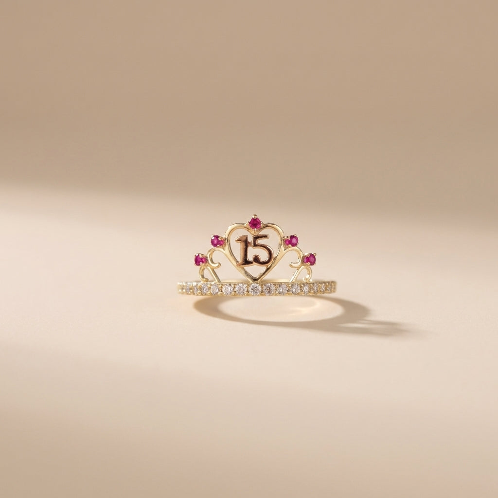 Real 10K Gold Quinceañera Heart Ring profile – solid gold sweet 15 pink stones