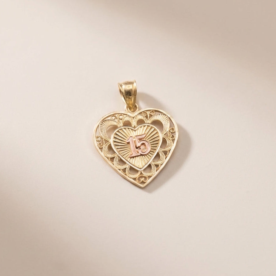 Real 10K Gold 15th Quince Heart Pendant – dije de corazón 15 años oro 10K – Oro Quince