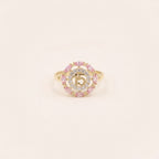 Real 14K Gold Pink 15 Ring on cream background – anillo de 15 años en oro real 14K
