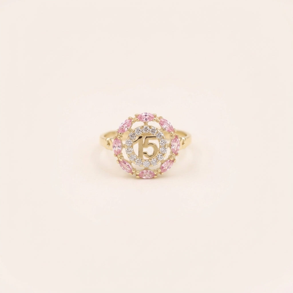 Real 14K Gold Pink 15 Ring on cream background – anillo de 15 años en oro real 14K