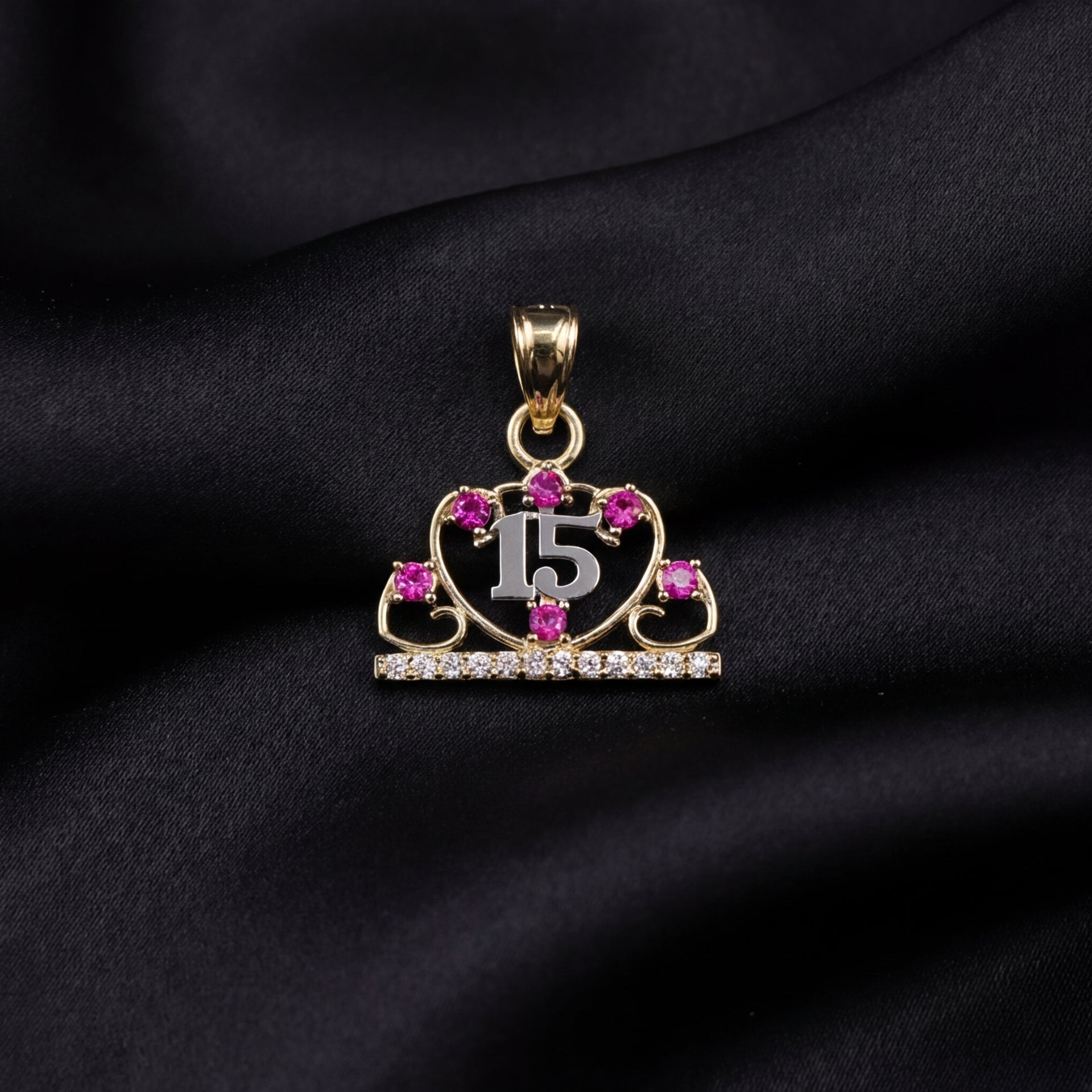 10K Gold Quinceañera 15 Pendant with pink gems – dije quinceañera oro real Oro Quince