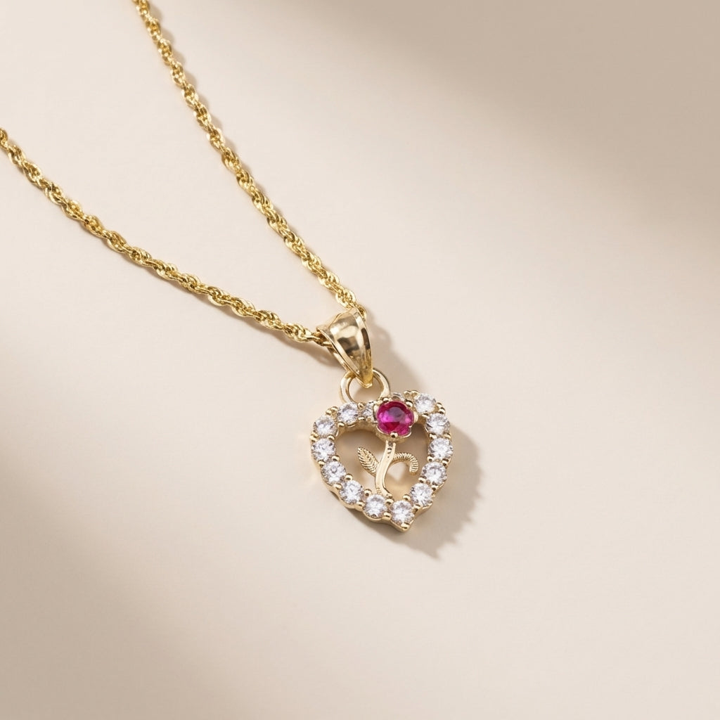 Real 10K Gold Heart Rose Pendant – dije de corazón con rosa oro 10K quinceañera