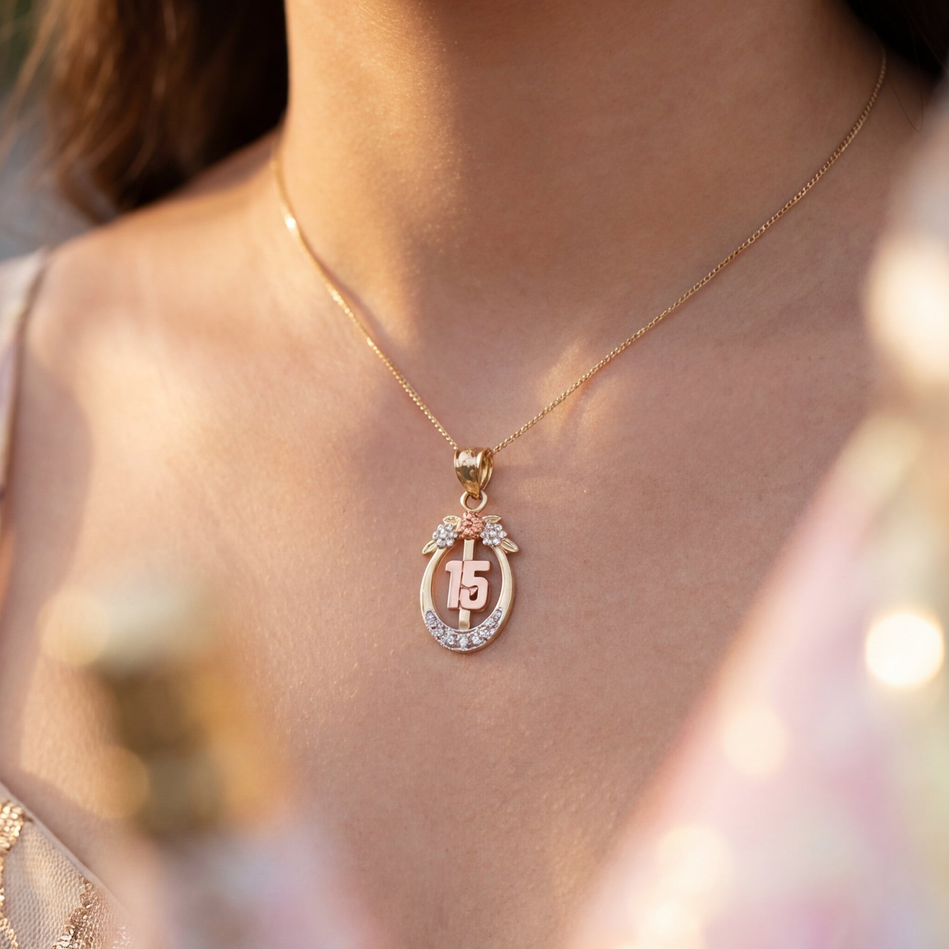 Real 14K Gold Quinceañera 15 Pendant worn on chain – solid gold sweet 15 charm