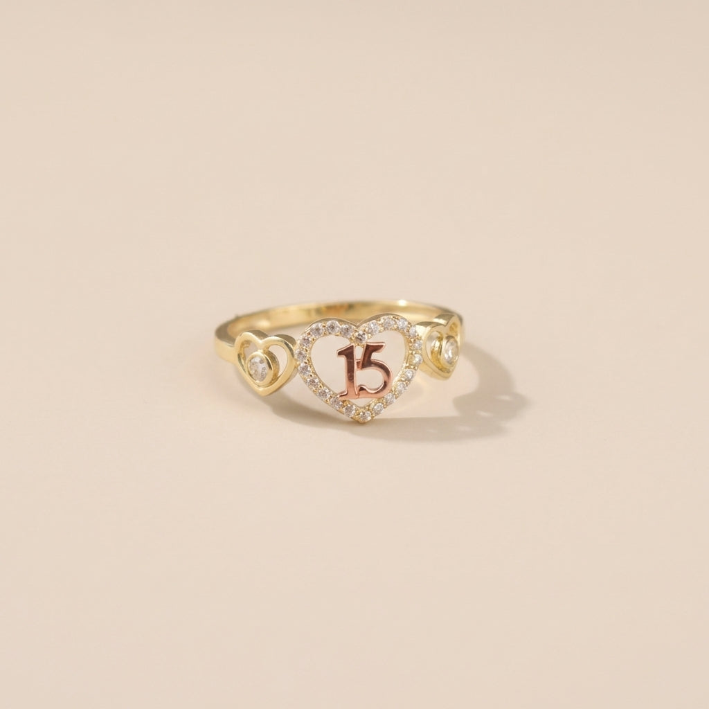 Real 10K Gold Quinceañera 3 Heart Ring – anillo tres corazones quinceañera oro 10K