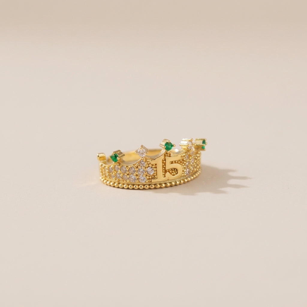Real 10K Gold Green Crown Ring – anillo de corona verde quinceañera oro 10K – Oro Quince