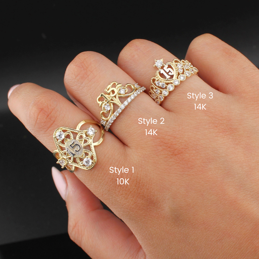 Real 10K Gold Quinceañera Ring detail view – sweet 15 ring solid gold not plated