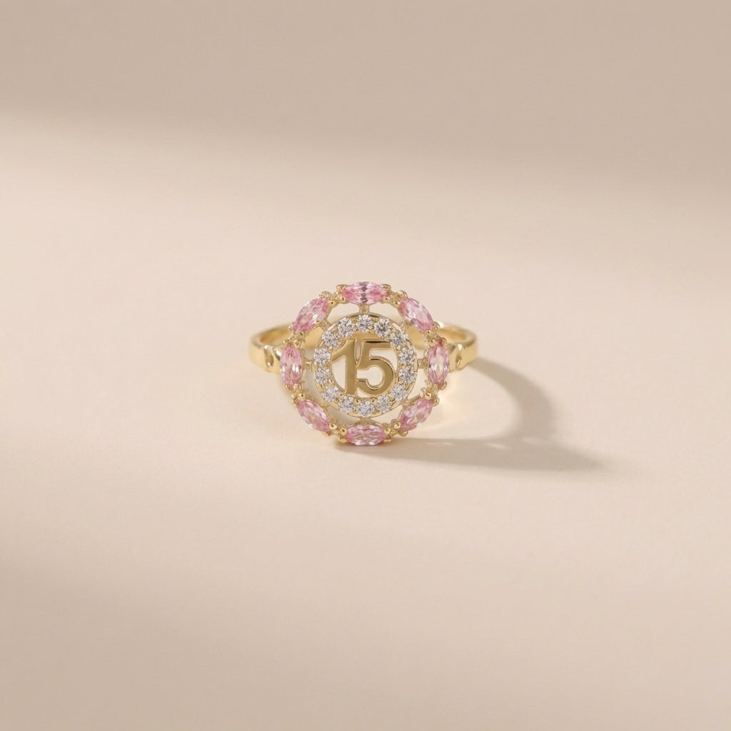 Real 14K Gold Quinceañera Ring Pink Stones – anillo de 15 años con piedras rosas oro 14K