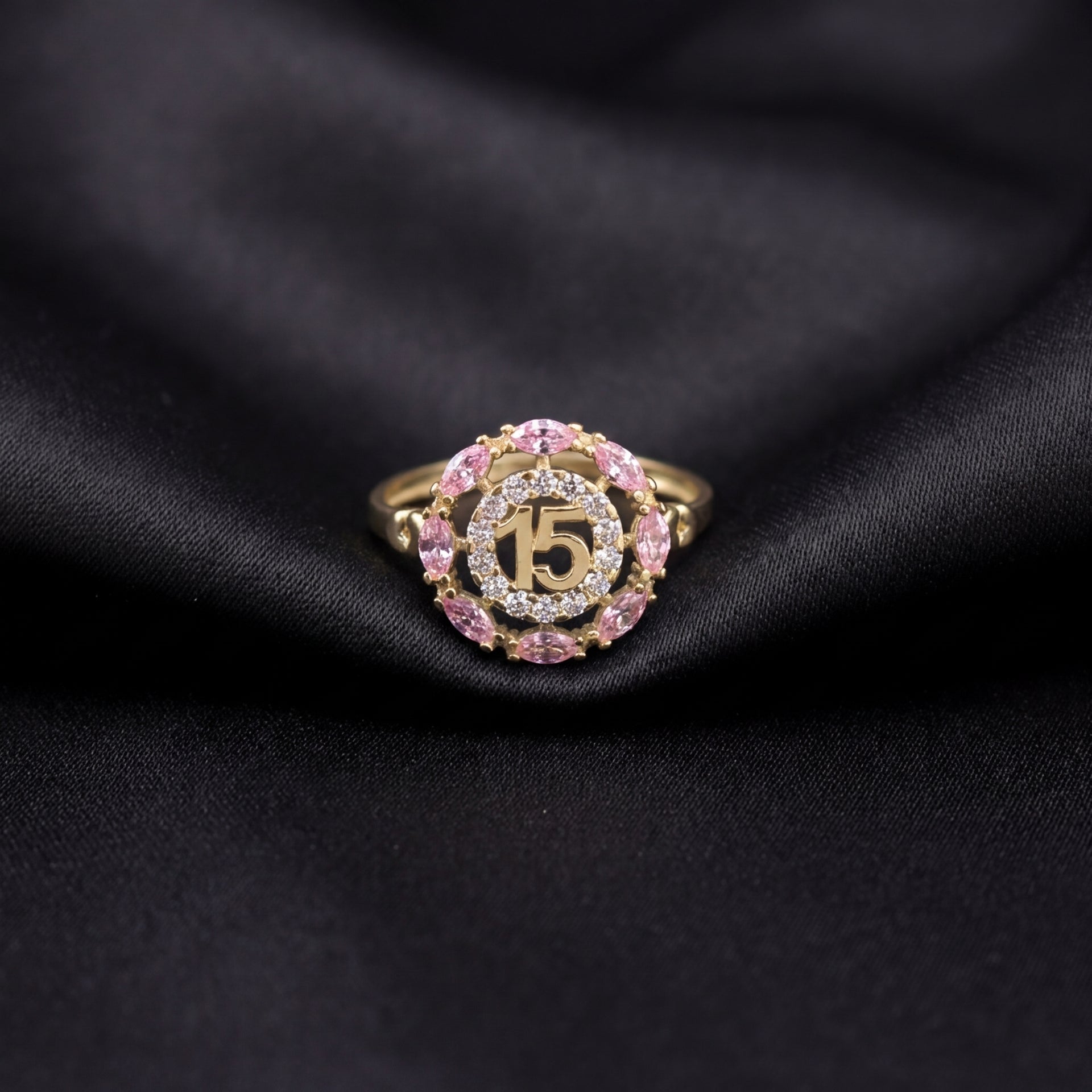 14K quinceañera ring pink gemstones – sweet 15 ring real solid gold Oro Quince