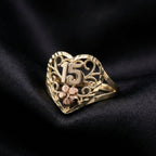 Real 10K Gold Heart Ring on cream background – quinceañera ring solid gold not plated