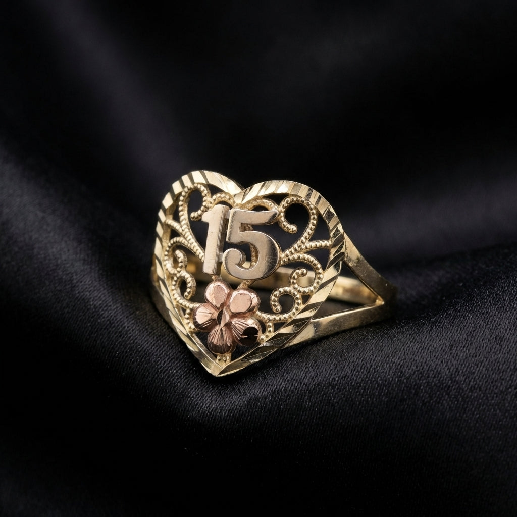 Real 10K Gold Heart Ring on cream background – quinceañera ring solid gold not plated