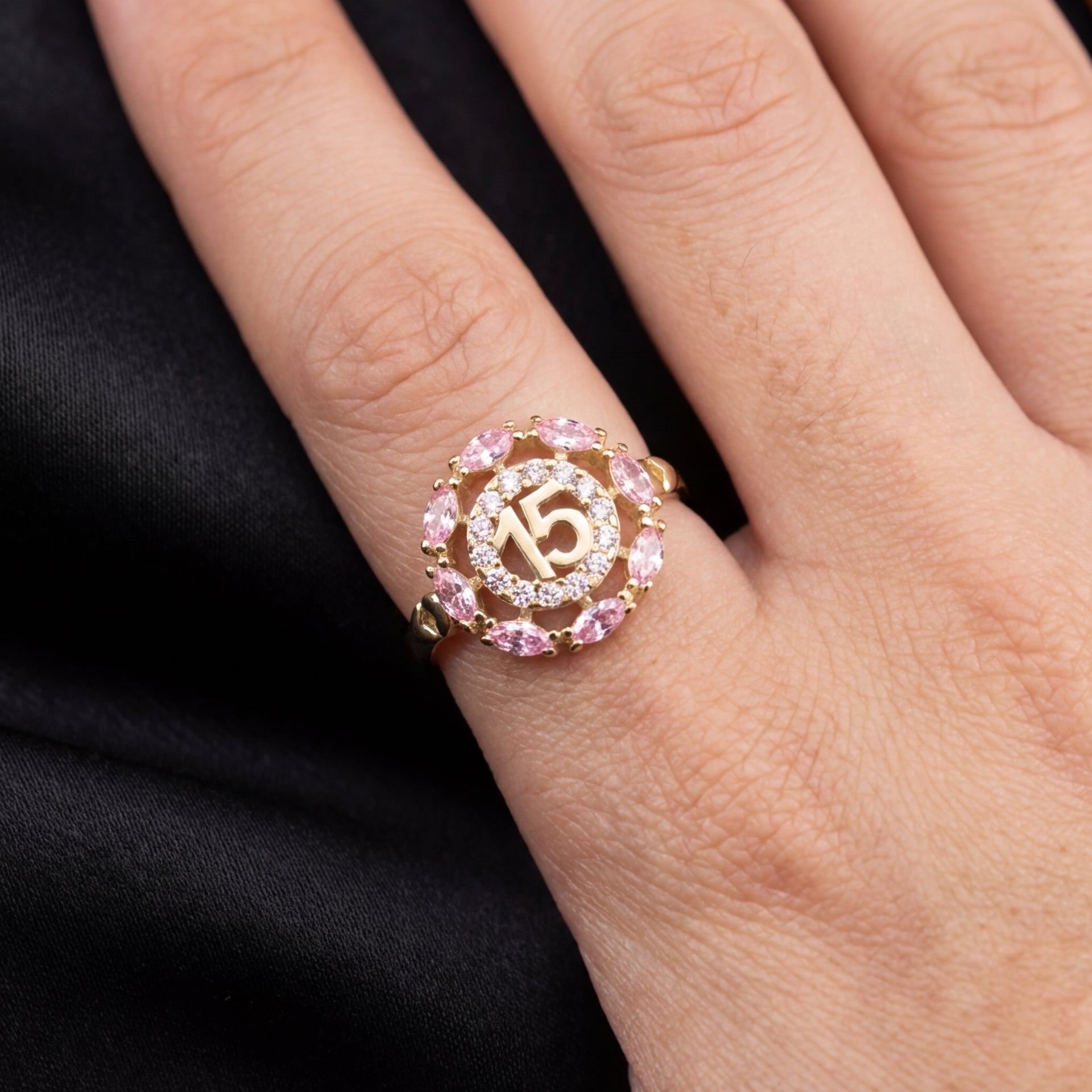 14K quinceañera ring with pink stones detail – anillo 15 años oro real, no bañado