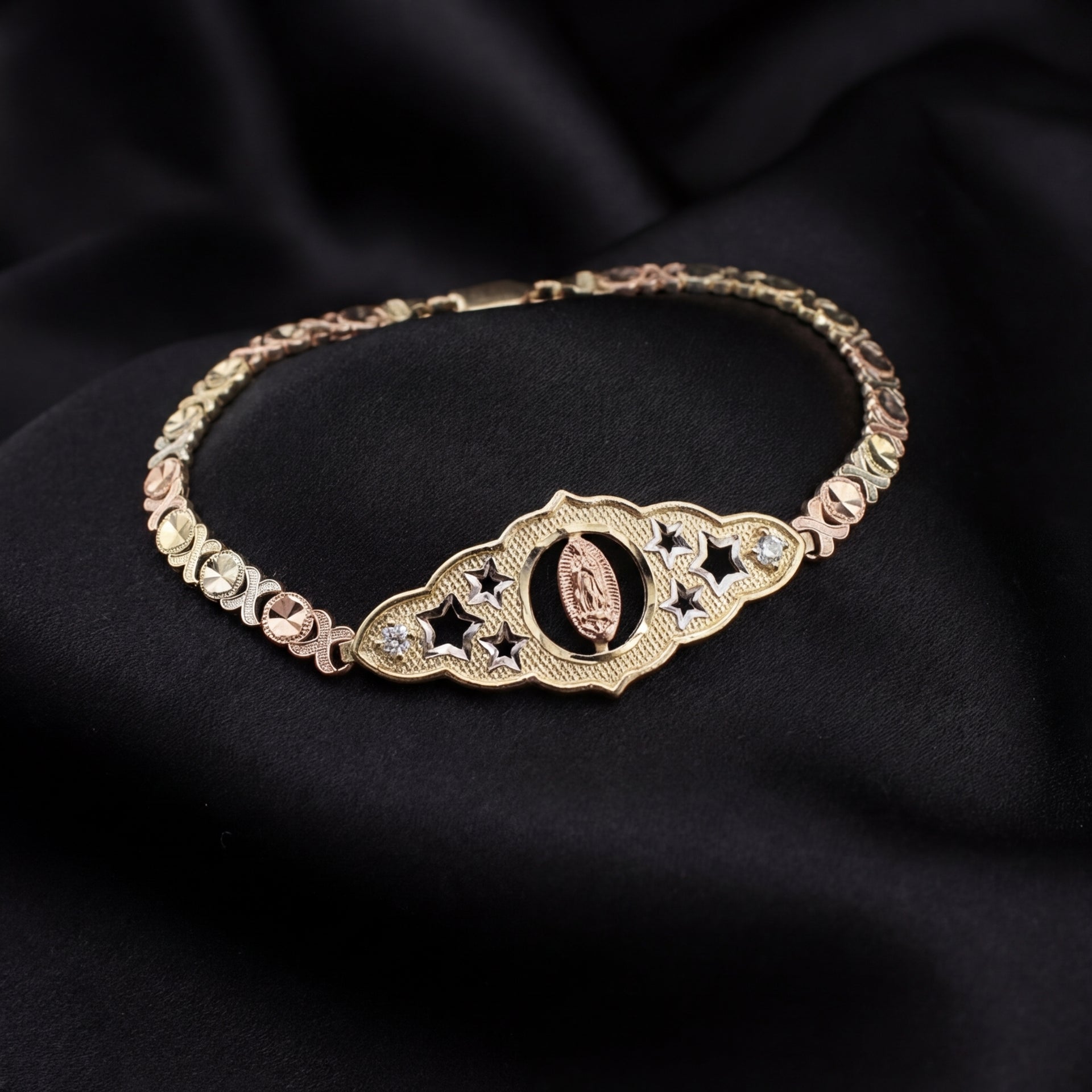 Real 14K Gold Virgin Mary Bracelet intricate detail – solid gold quinceañera bracelet