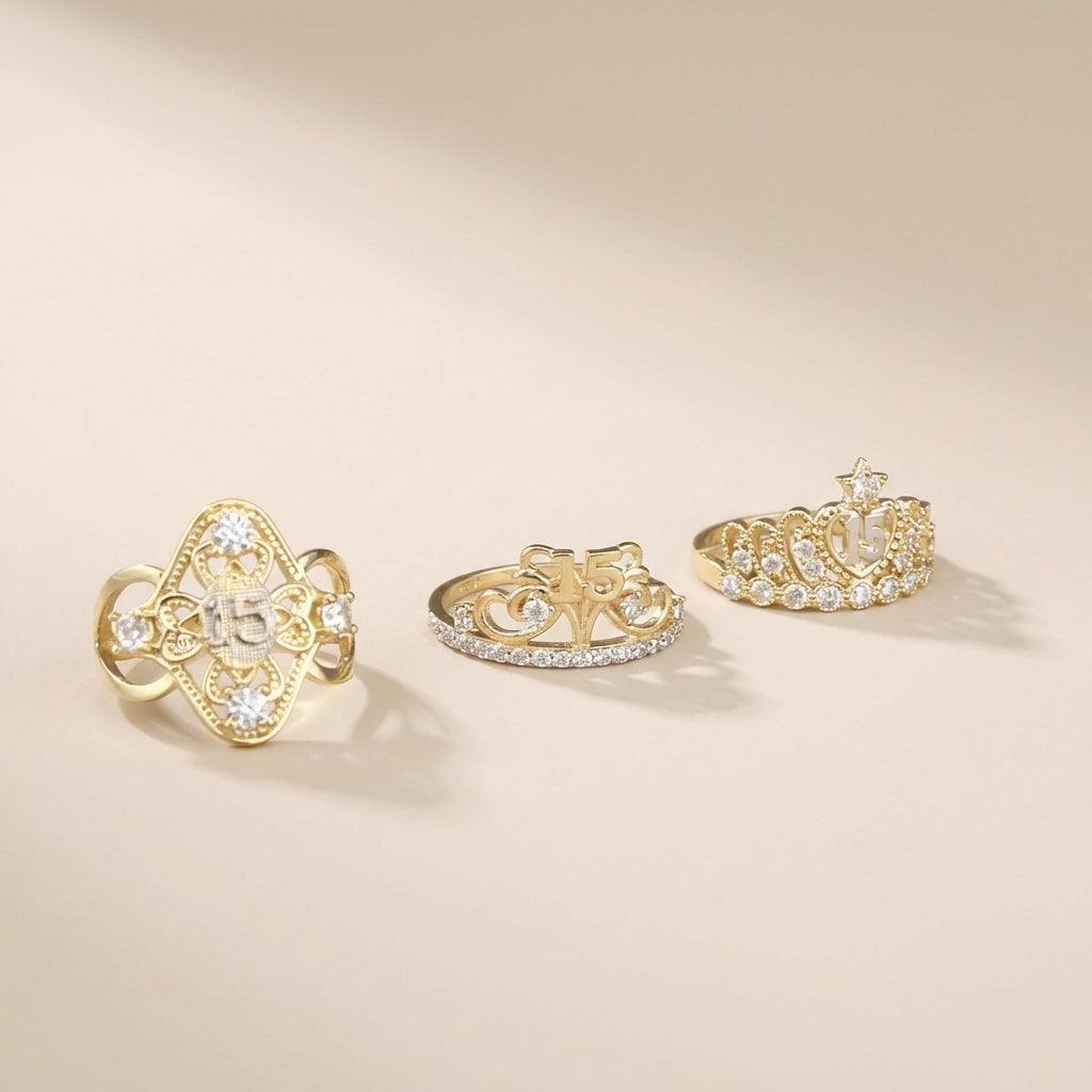Real 10K Gold Quinceañera Rings on cream background – anillos 15 años oro real Oro Quince