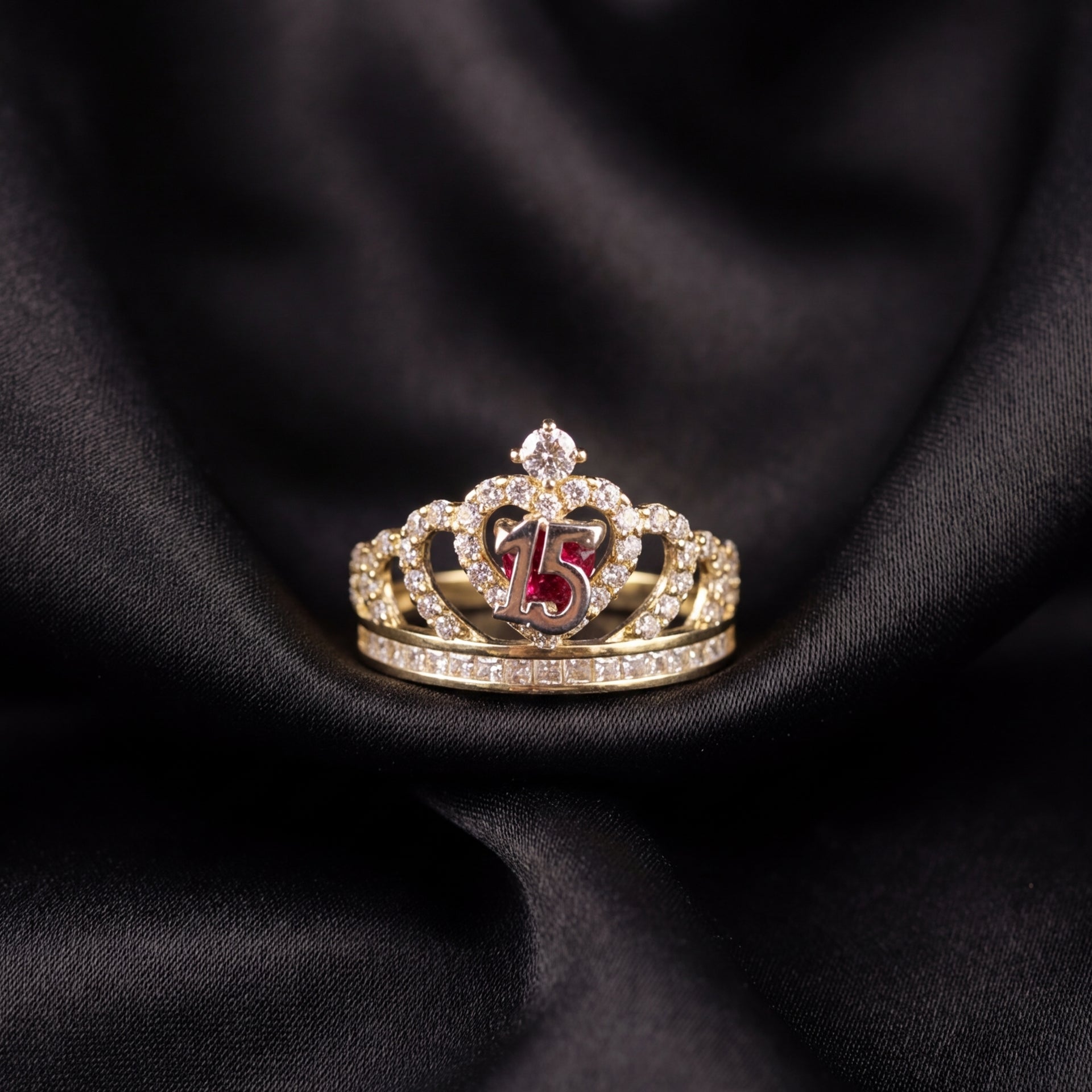 14K gold quinceañera tiara ring with red gem – anillo de corona 15 años oro real