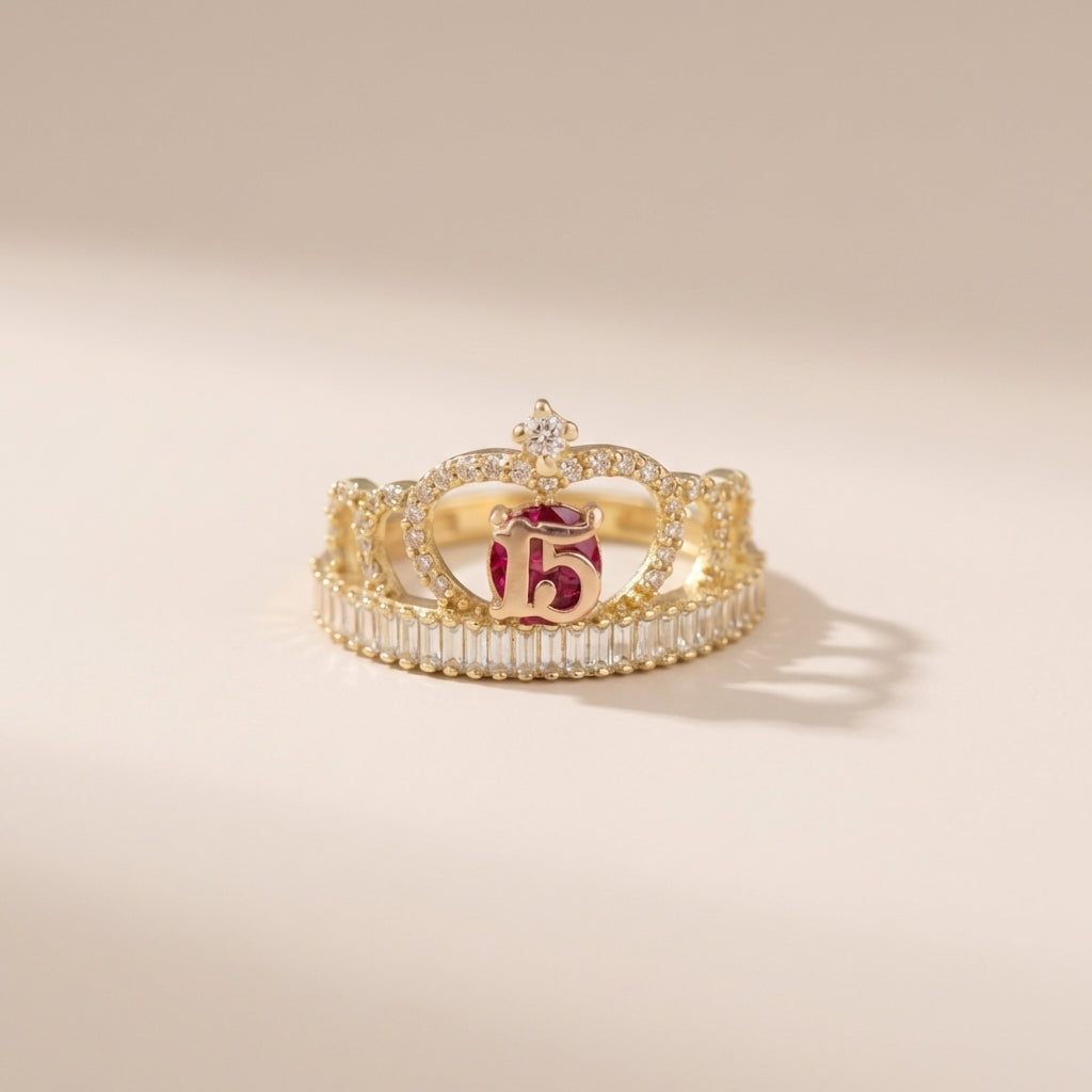 Real 14K Quinceañera Ring Red Stone – anillo quinceañera piedra roja oro 14K – Oro Quince