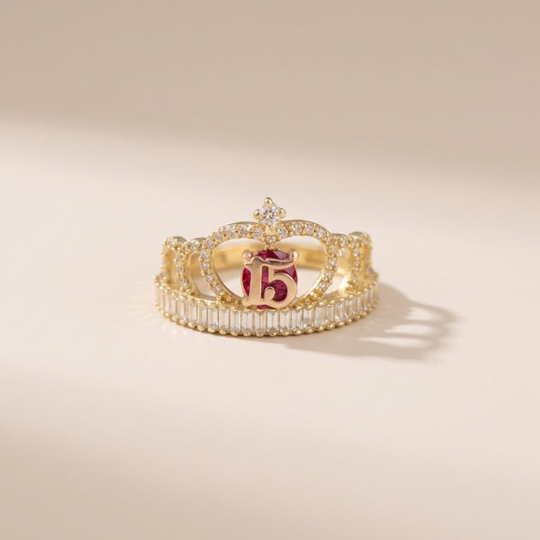 Real 14K Quinceañera Ring Red Stone – anillo quinceañera piedra roja oro 14K – Oro Quince