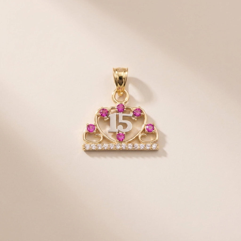 Real 10K Gold Quinceañera Pendant Pink Stones – dije quinceañera piedras rosas oro 10K