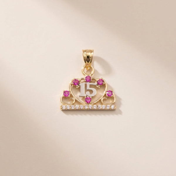 Real 10K Gold Quinceañera Pendant Pink Stones – dije quinceañera piedras rosas oro 10K