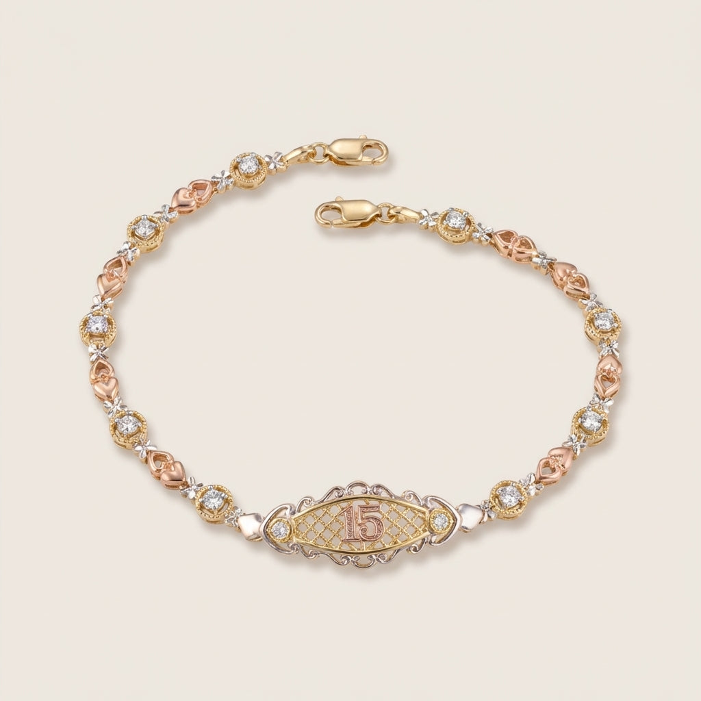 Real 14K Gold Quinceañera Bracelet 7 in – pulsera de quinceañera oro 14K sólido – Oro Quince