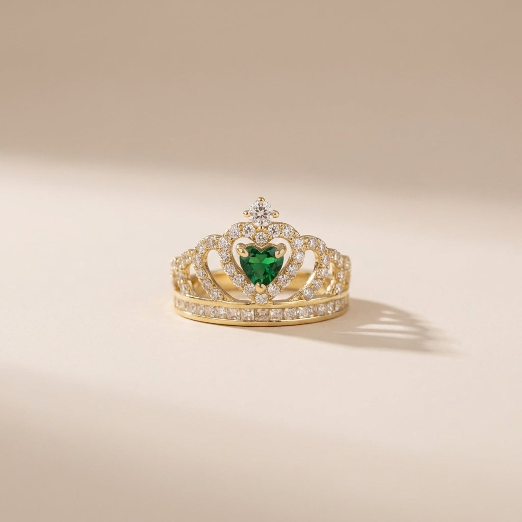 Real 14K Gold Tiara Ring Green Stone – anillo de tiara con esmeralda oro 14K – Oro Quince