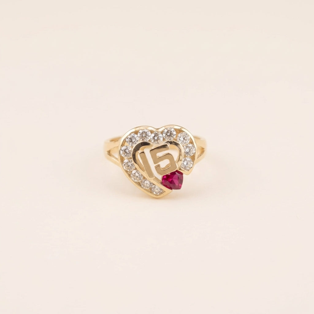 Real 14K Quinceañera Ring Pink Stone – anillo de quinceañera con piedra rosa oro 14K