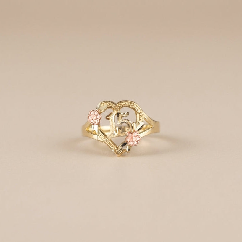 Real 10K Gold Quince Ring Rose Gold Flowers – anillo flores oro rosa quinceañera 10K