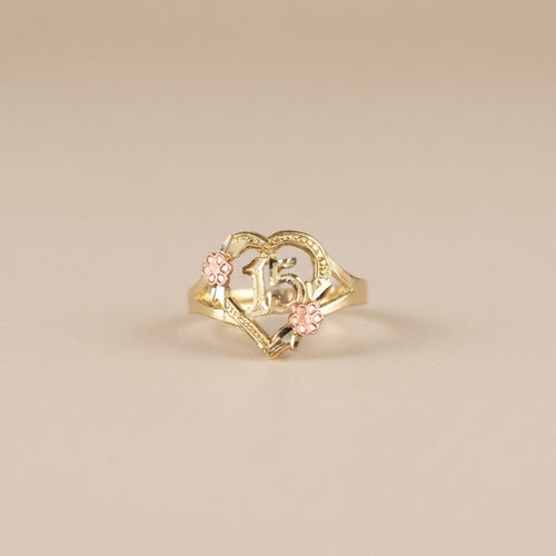 Real 10K Gold Quince Ring Rose Gold Flowers – anillo flores oro rosa quinceañera 10K