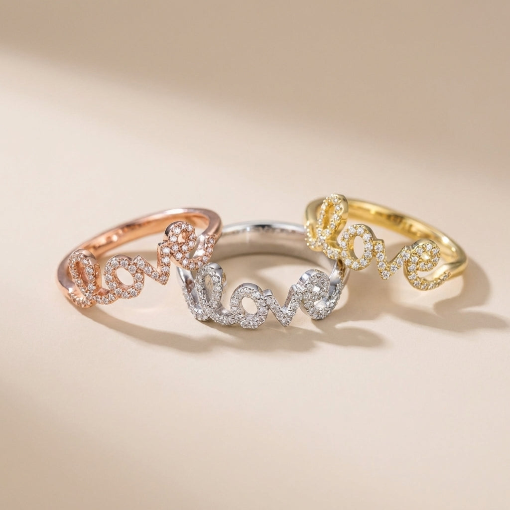 Real 10K Gold Diamond Cursive Love Ring – anillo de amor con diamantes oro 10K – Oro Quince