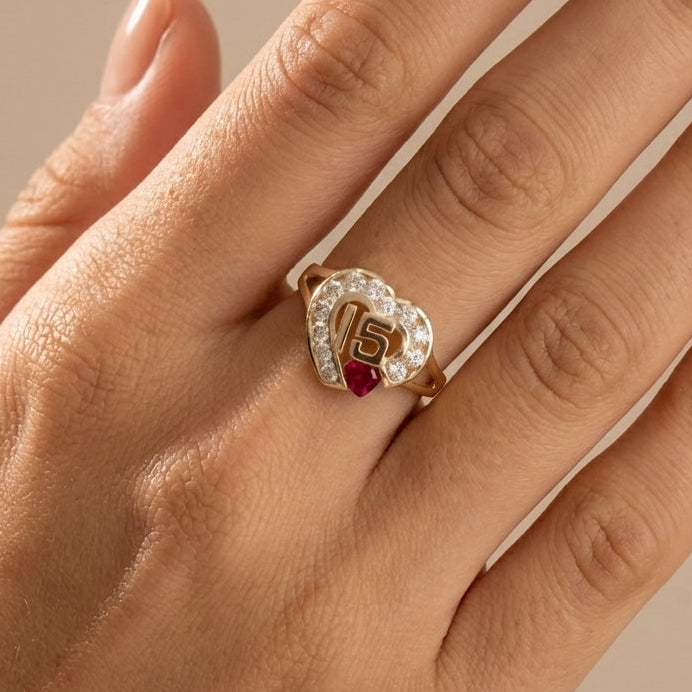 Real 14K Gold Quinceañera Ring With Pink Stone