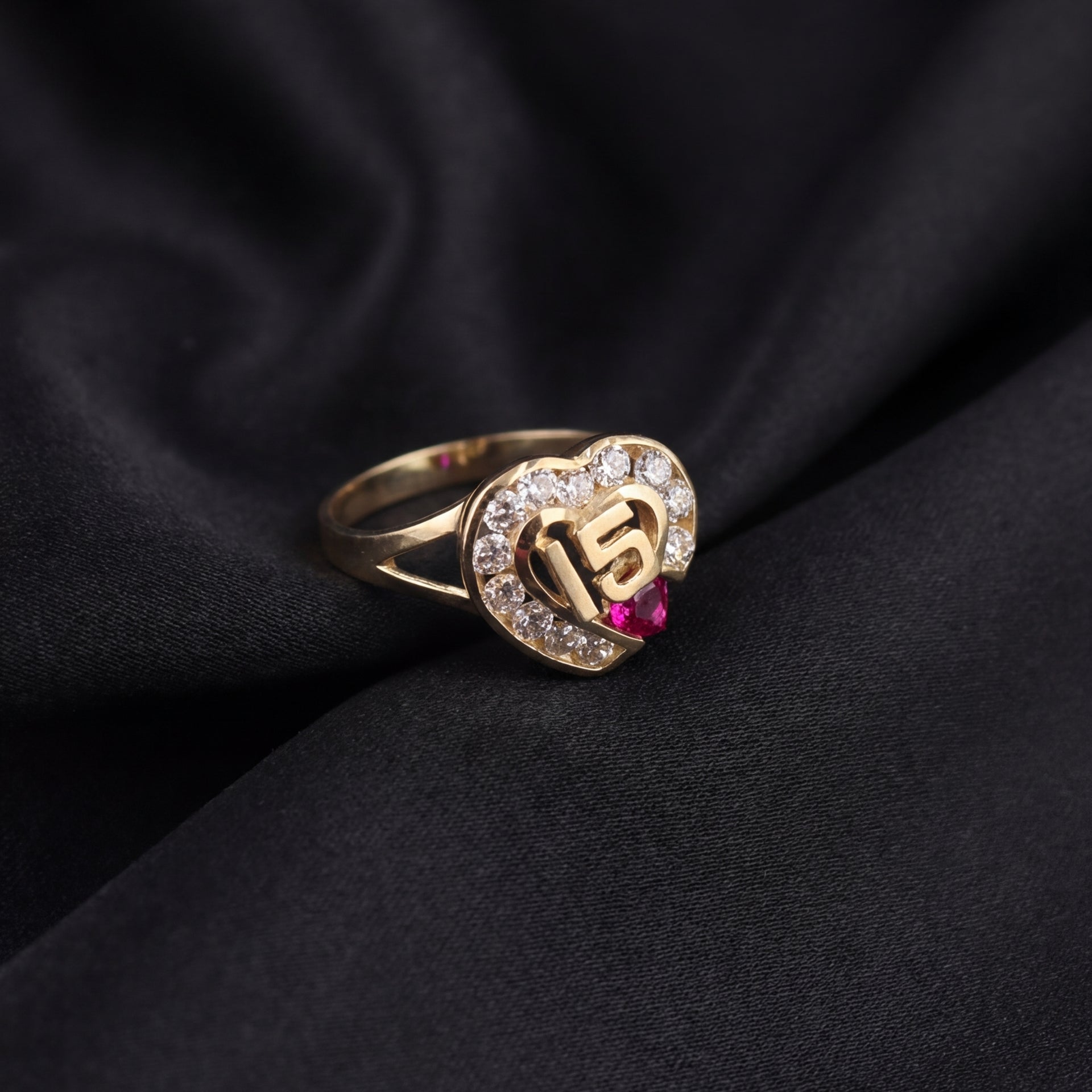 Real 14K Quinceañera Heart Ring with 15 and gemstones – solid gold Oro Quince