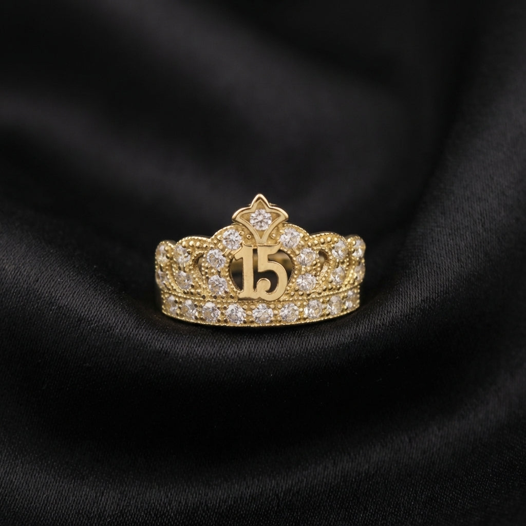 14K gold quinceañera ring with crown design – anillo de corona 15 años oro real