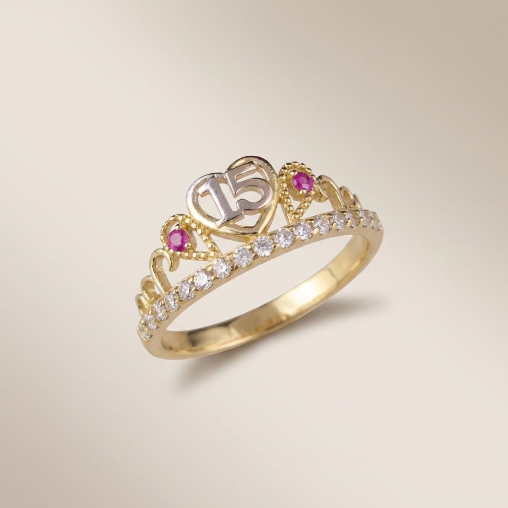 Real 10K Gold Quinceañera Ring Pink Stones – anillo quinceañera piedras rosas oro 10K