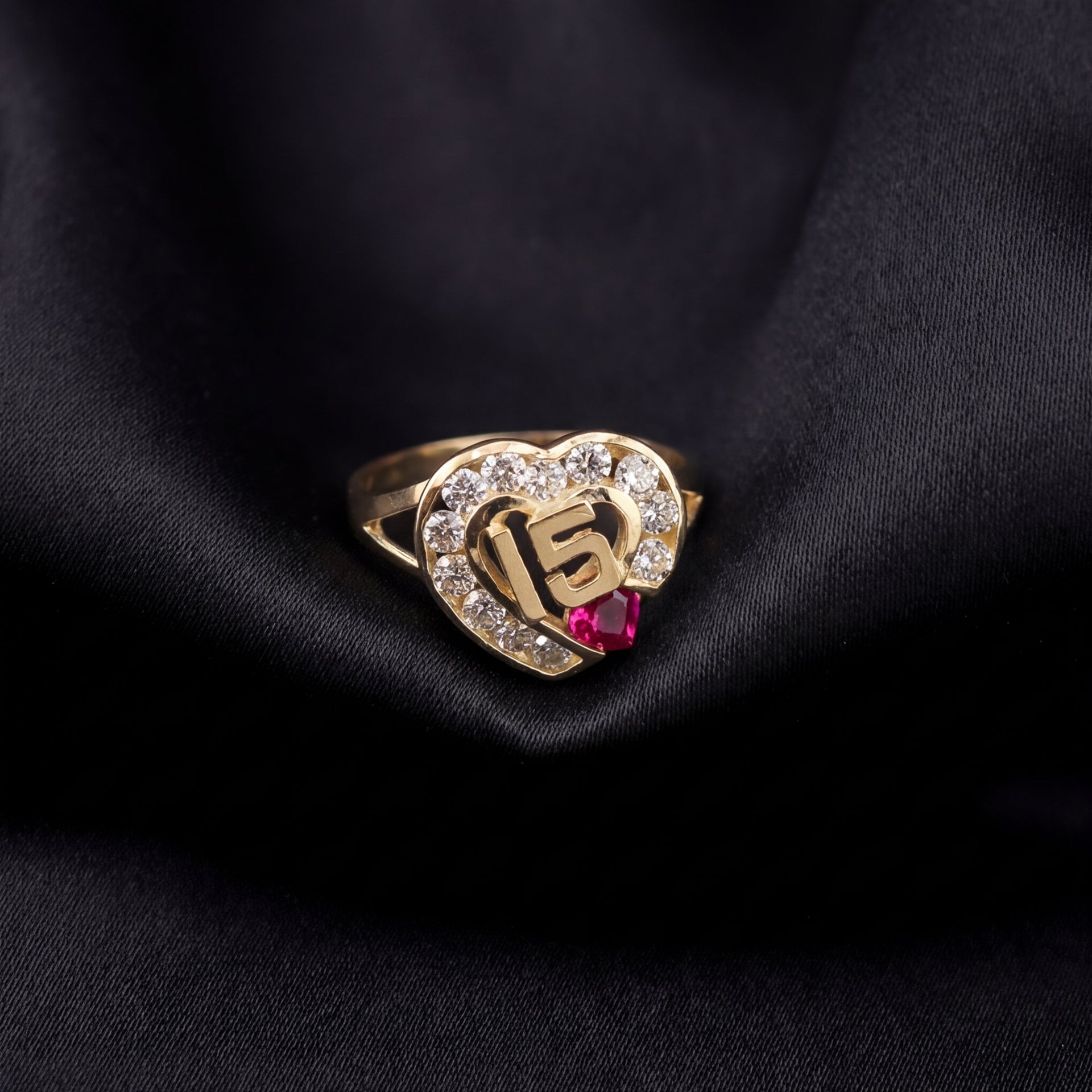 14K heart quinceañera ring with pink stone – anillo de corazón 15 años oro real