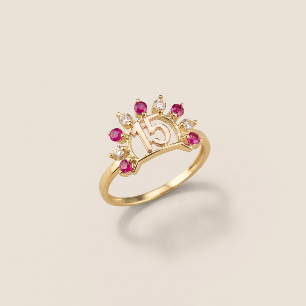 Real 10K Gold Quinceañera Ring Pink CZ Stones – anillo 15 años piedras rosas oro 10K
