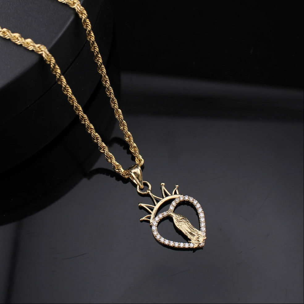 10K gold heart Virgin Mary pendant on cream – dije Virgen María oro real no bañado