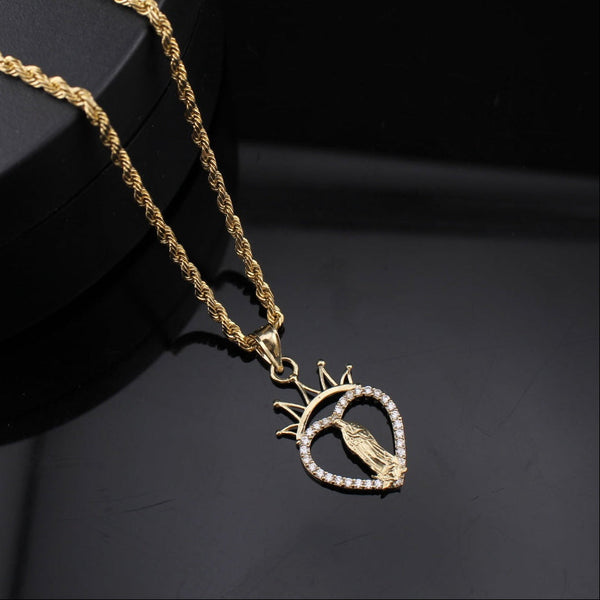 10K gold heart Virgin Mary pendant on cream – dije Virgen María oro real no bañado