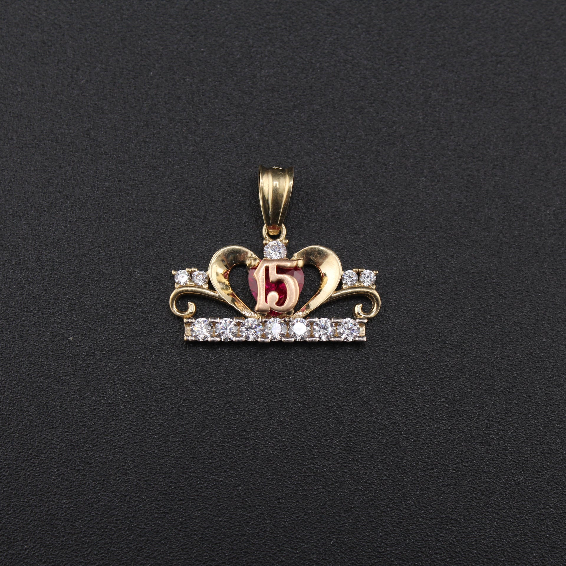 Real 10K Gold Quinceañera Charm Red Stone on cream – solid gold no bañado