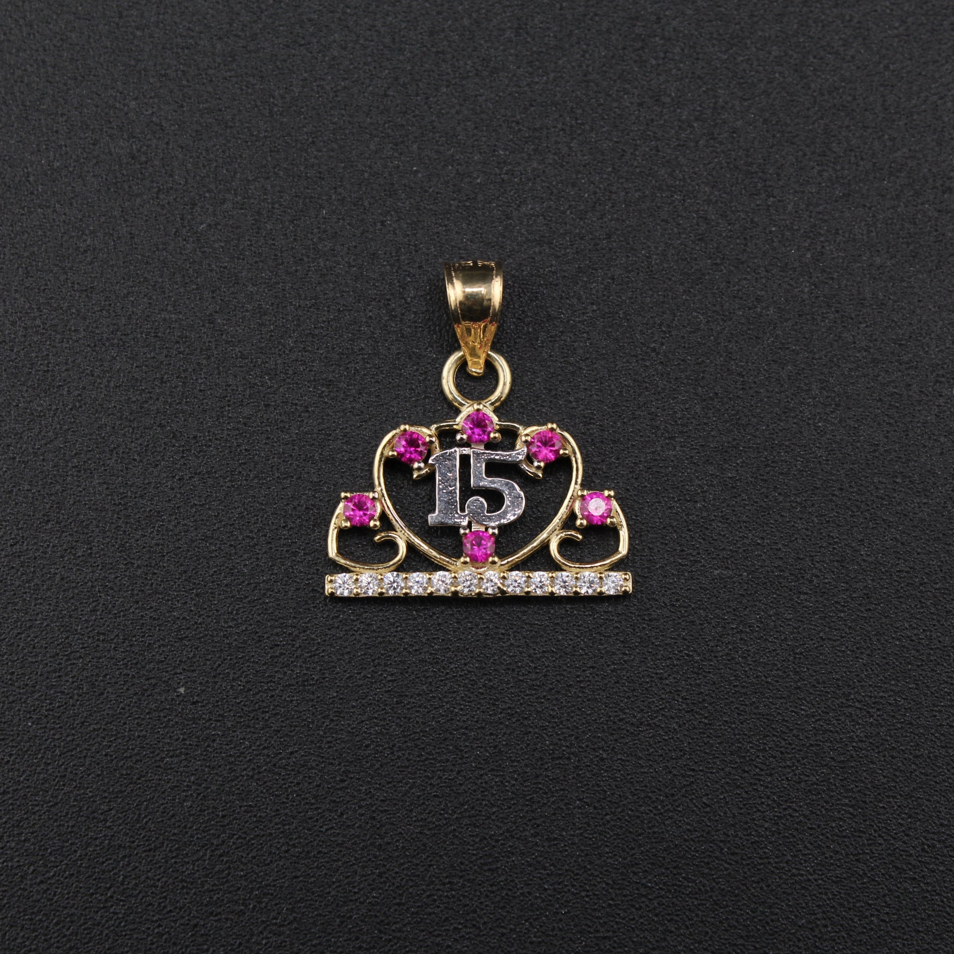 Real 10K Quinceañera Pendant Pink Stones on cream – sweet 15 charm solid gold