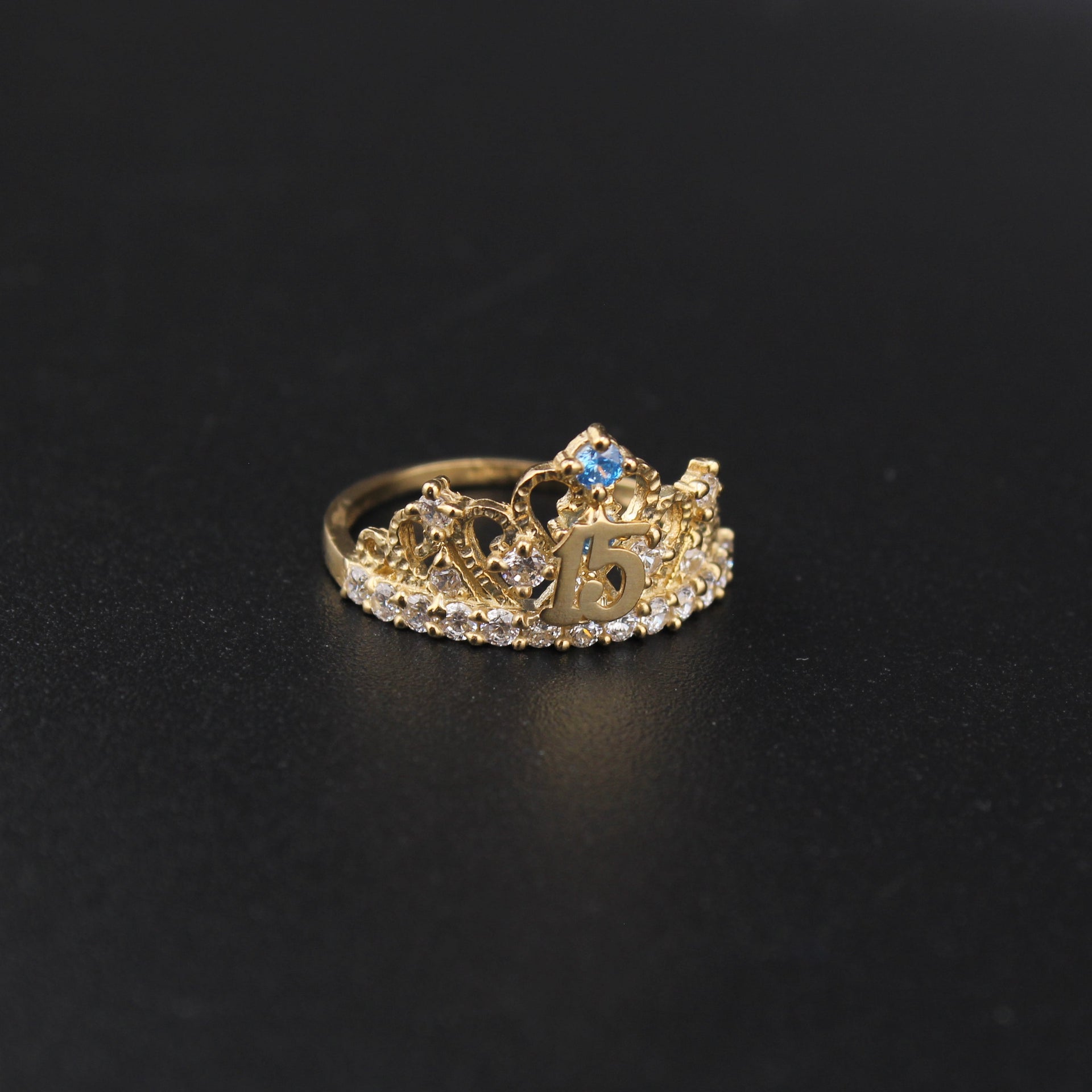 10K Quinceanera Crown Ring with Aquamarine Stone