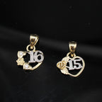 Real 10K Gold Sweet 15 Pendant on cream – solid gold quinceañera charm gift-ready